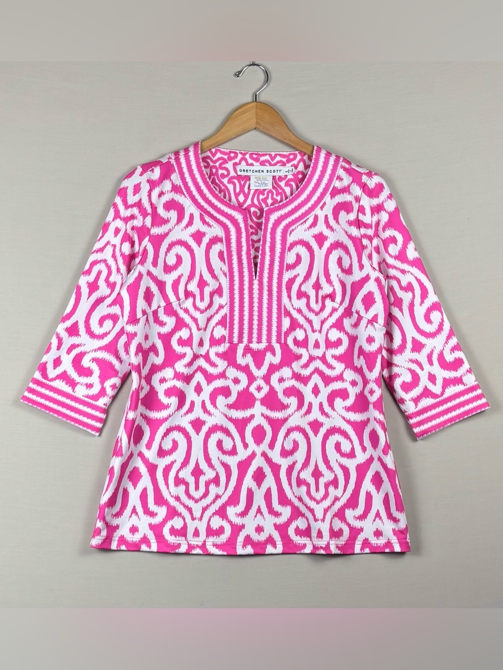 Gretchen Scott Women’s L Pink White Ikat Tunic Top 3/4 Sleeve Cotton Stretch